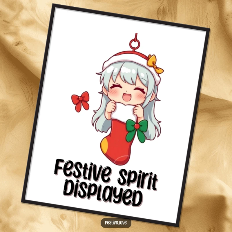Funny poster featuring a character enthusiastically hanging a festive stocking, symbolizing holiday anticipation and joy, for decor.