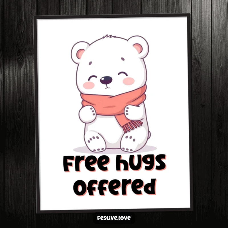 Funny Poster: A kawaii polar bear in a tiny scarf gives a warm hug, creating a cozy and humorous piece of wall art.