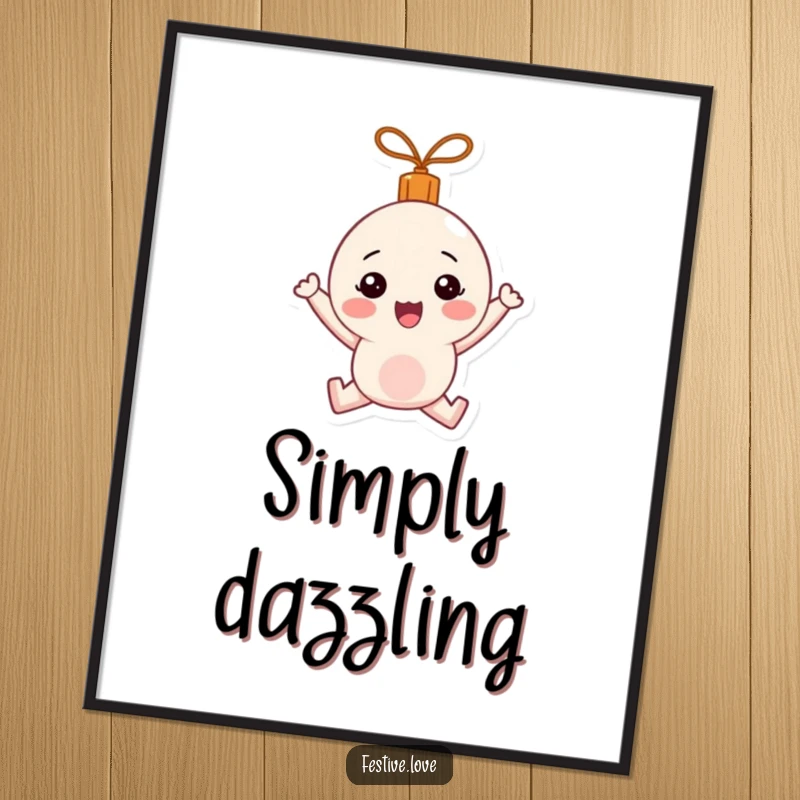 Funny Poster: A festive ornament character happily bouncing with contagious holiday cheer and bright colors.