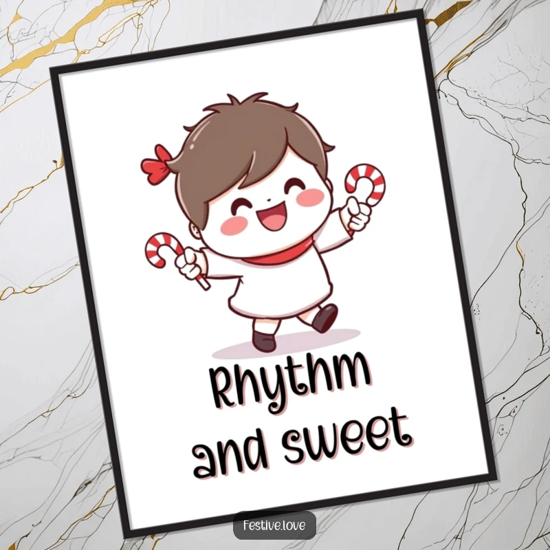 Funny poster featuring a cheerful character dancing with tiny candy canes and a wide smile, ideal for festive wall art.