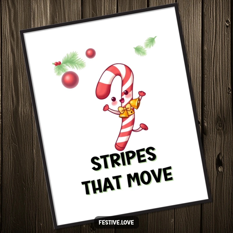 Funny candy cane poster showing a dancing candy cane with jingle bells, ideal for festive wall decor.