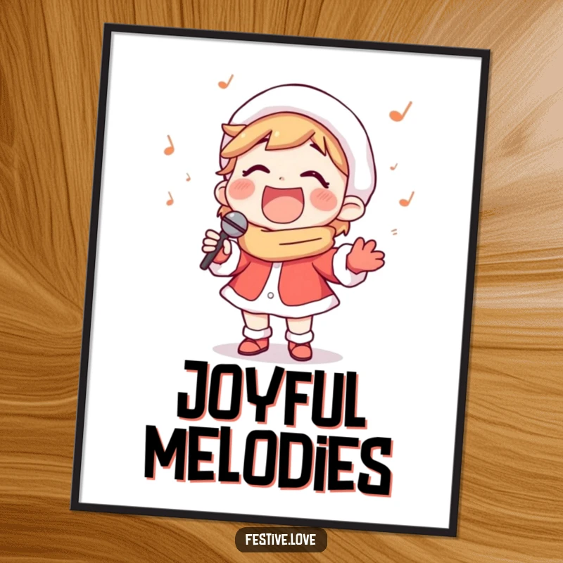 Funny poster of a happy carol singer character singing loudly with a wide, joyful smile, ideal for celebrating holiday music.