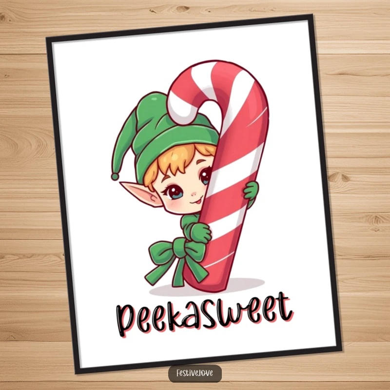 Funny poster print of a mischievous elf character peeking with a smirk from behind an enormous candy cane.