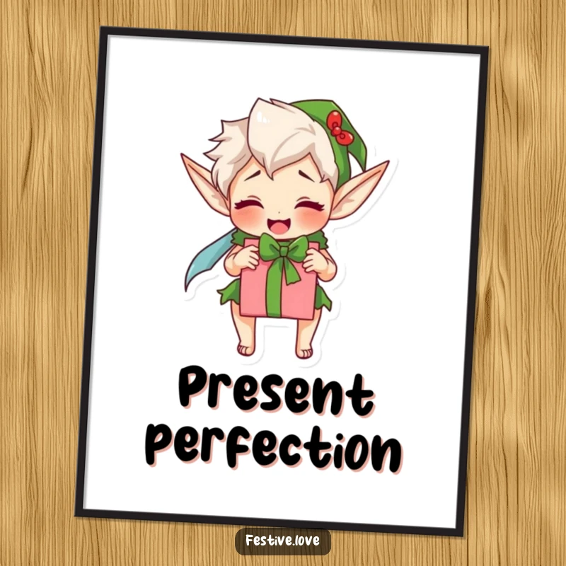 Funny elf poster, an excited character wrapping a gift, bringing the spirit of holiday preparations to any room.