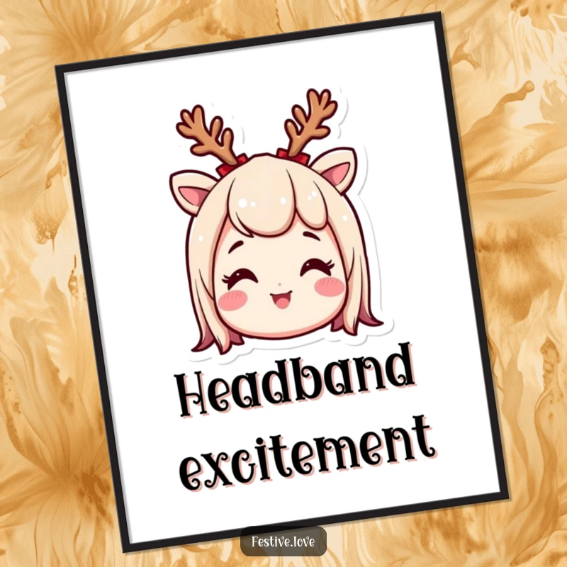 Funny poster art of a smiling character wearing a small reindeer antler headband, eyes sparkling with excitement, capturing the essence of holiday anticipation.