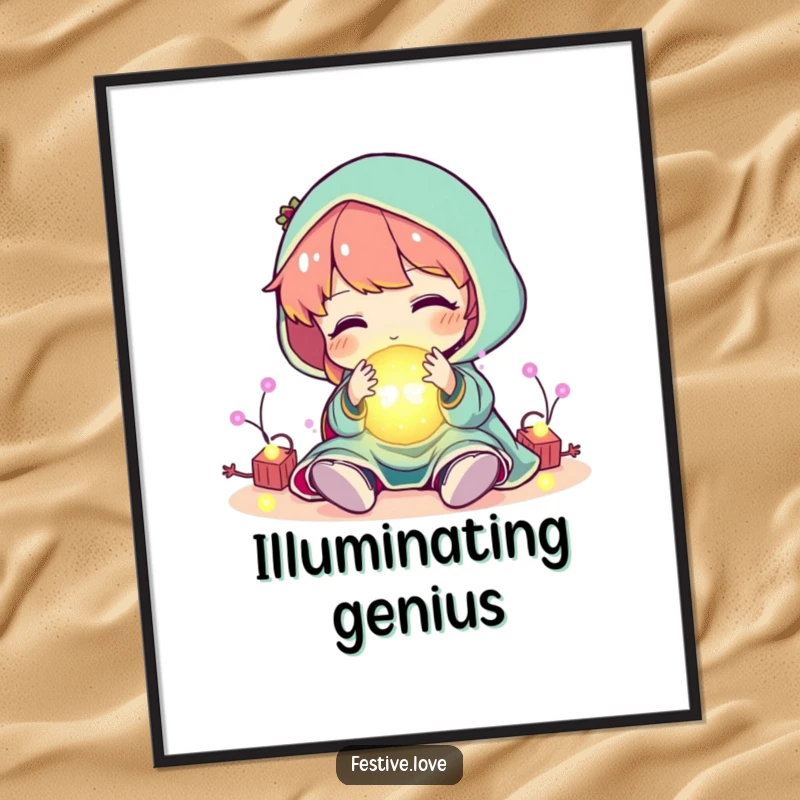 Funny character playing with a ball of glowing, festive lights, as a poster, offering humorous and bright wall art.