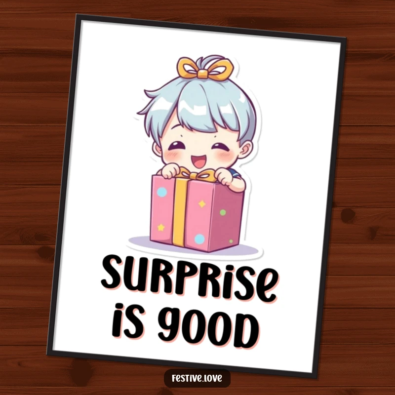 Funny poster featuring a little character enthusiastically unwrapping a brightly colored present, ideal for festive wall art.