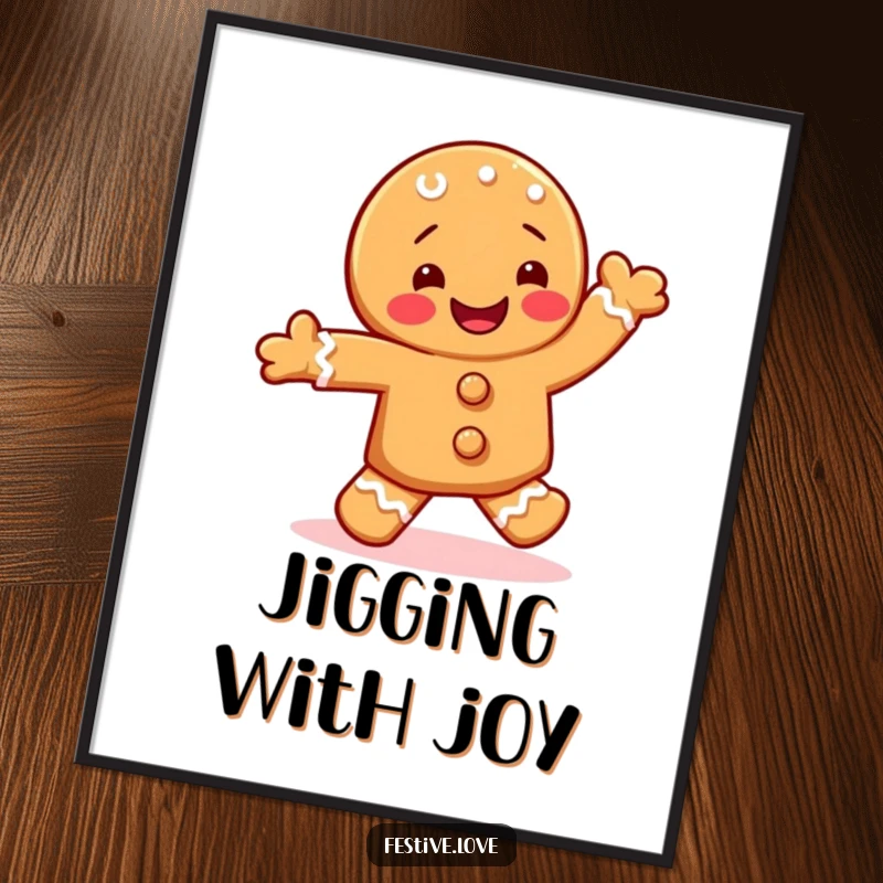 Funny poster print of a happy gingerbread cookie character mid-dance, performing an energetic jig with icing details.