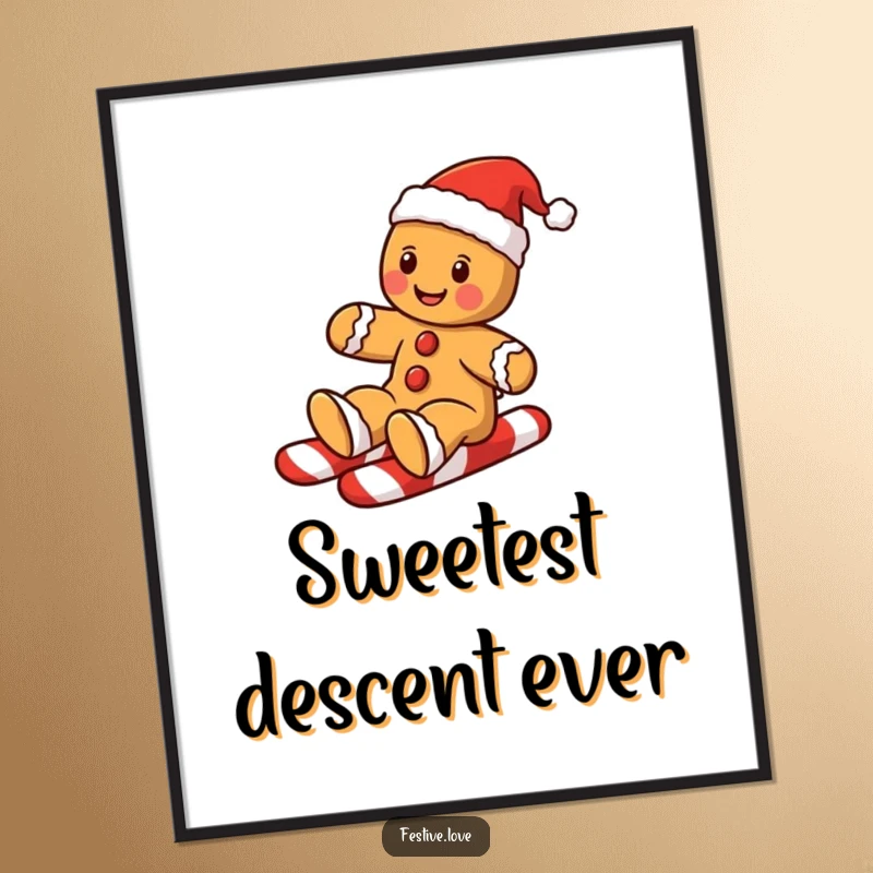 Funny gingerbread man poster featuring a joyful cookie sliding down a candy cane, perfect for holiday decor.