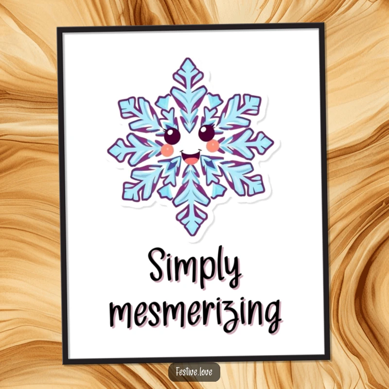 Funny poster featuring a happy snowflake character with elaborate designs, caught in a moment of joyful spinning motion.