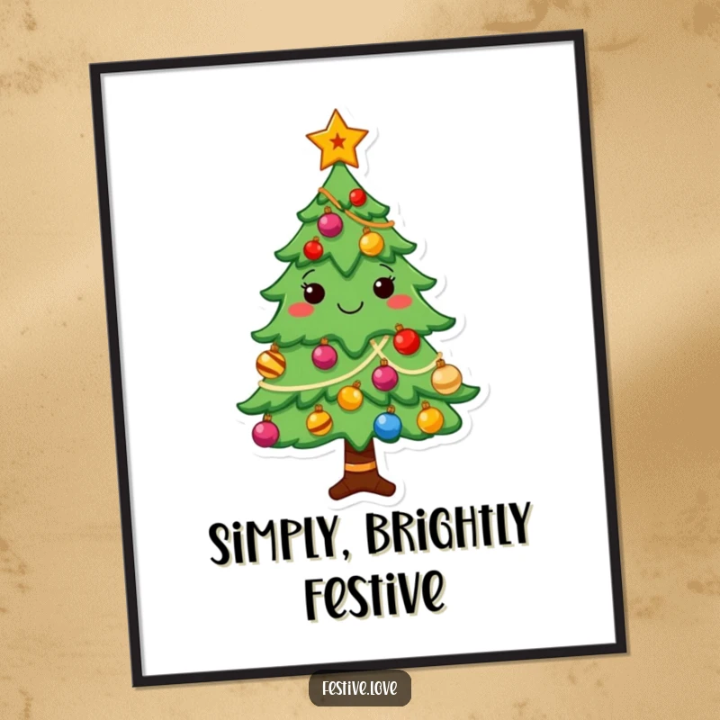 Funny holiday poster showcasing a cheerful Christmas tree character decorated with shining ornaments and a star, festive wall art.
