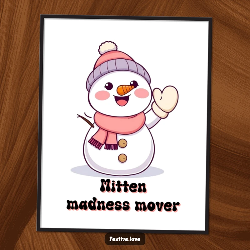 Funny kawaii snowman with a carrot nose, energetically waving a mitten, ideal for vibrant and cheerful winter wall art.