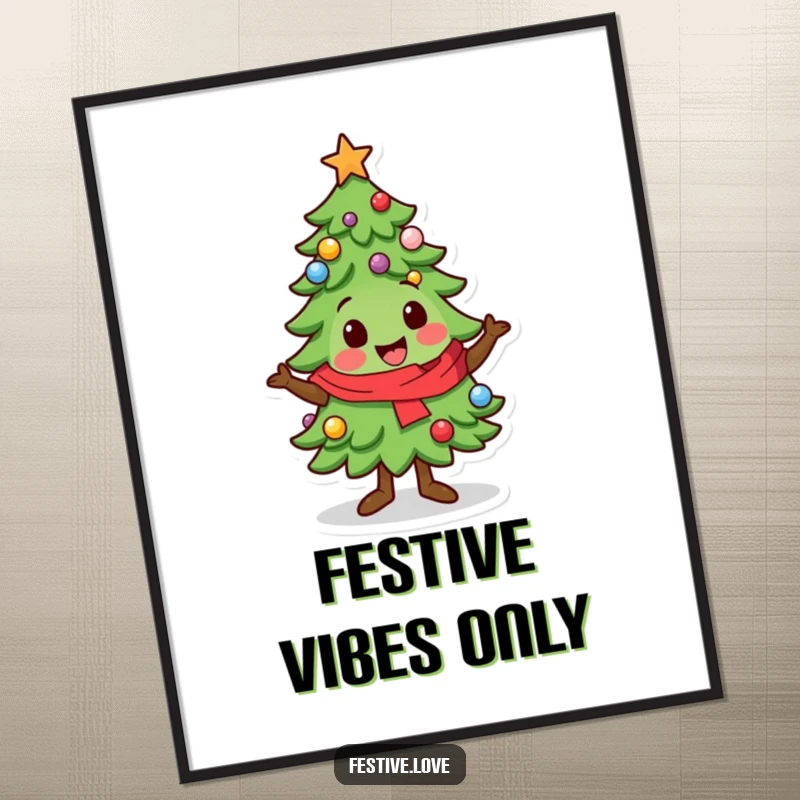 Funny Poster: A kawaii Christmas tree character is depicted doing a festive wiggle, bringing playful holiday cheer to wall art.
