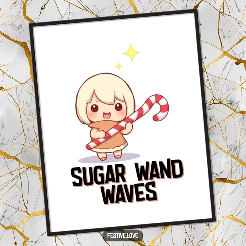 Funny poster art of a small character holding a candy cane like a magic wand, with a happy glint in their eye, celebrating holiday wonder.