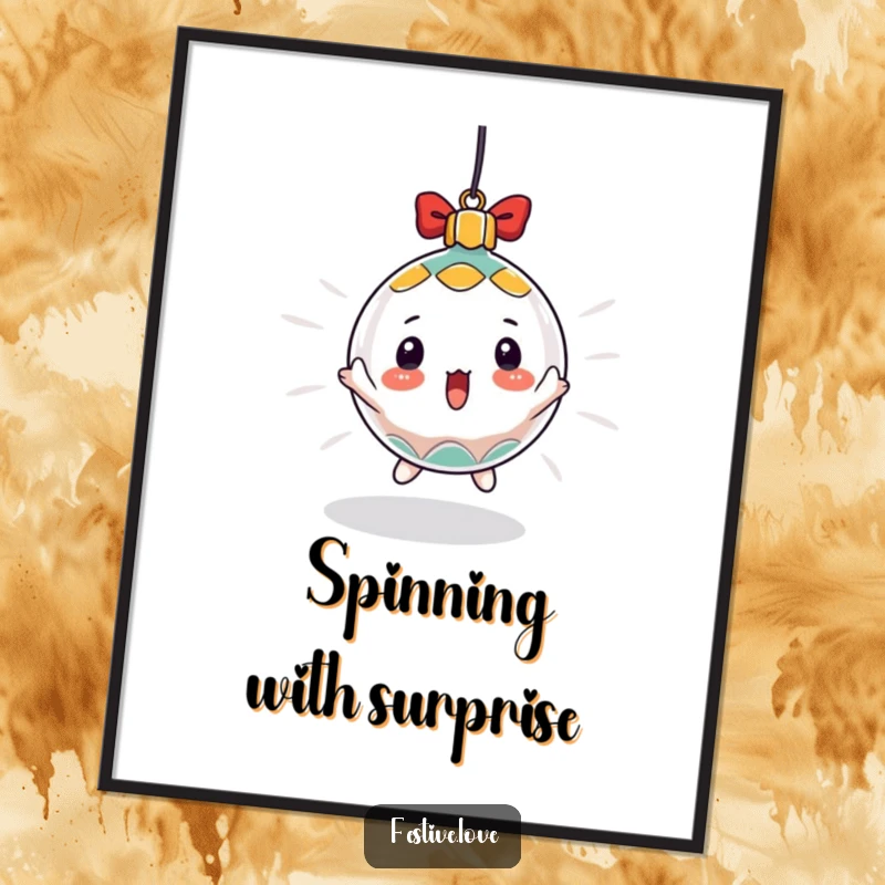 Funny poster print of a surprised Christmas ornament character spinning rapidly, adding dynamic holiday decor and humor.