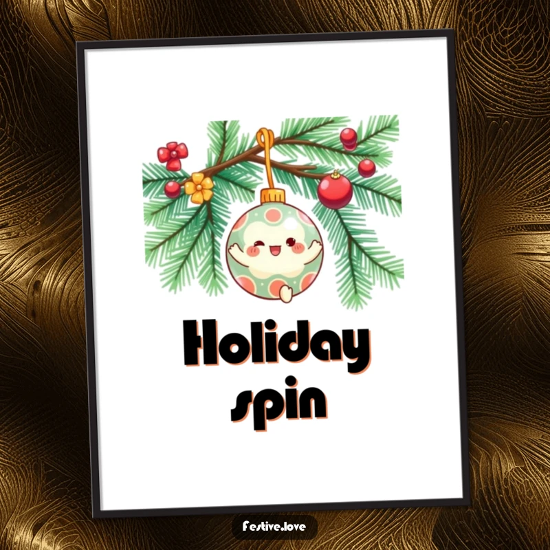 Funny poster of a festive ornament character spinning gleefully on a decorated Christmas tree branch, creating a lively holiday scene.