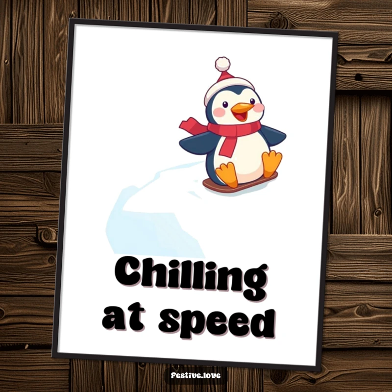Funny poster print of a penguin character joyfully sliding down a smooth, icy hill with a big, happy grin.