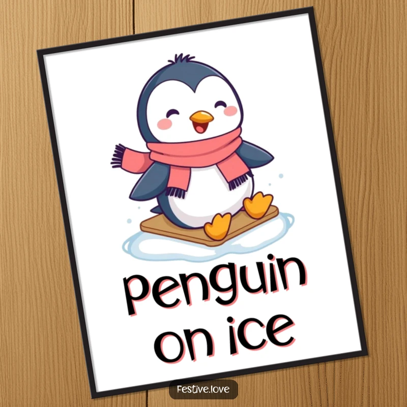 Funny poster featuring a happy penguin wearing a scarf, captured mid-slide with pure joy on an icy background.