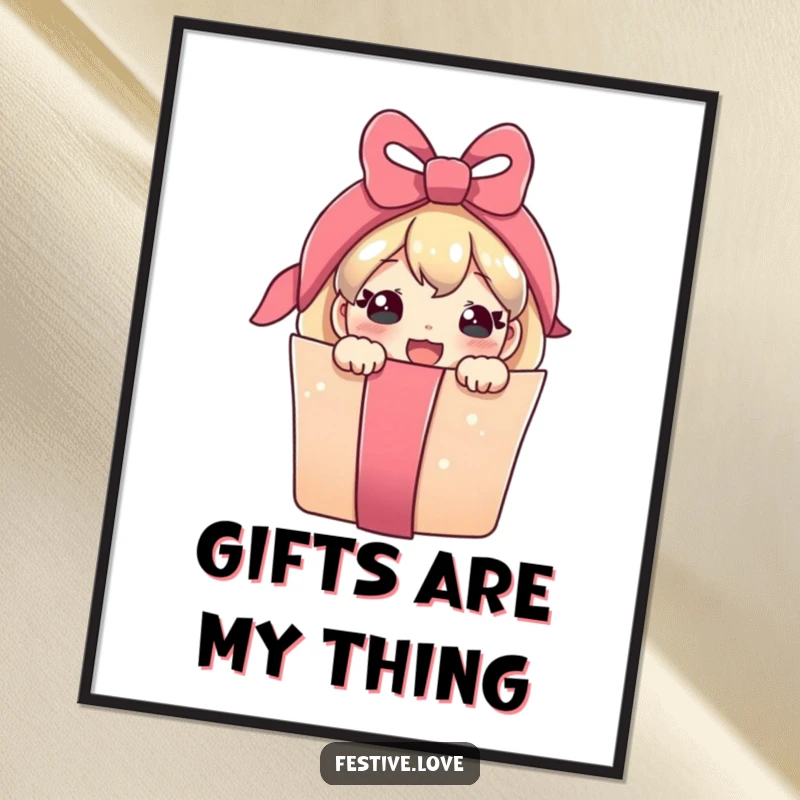 Funny poster print of a cute present character with a joyful expression, peeking from a decorated ribbon.