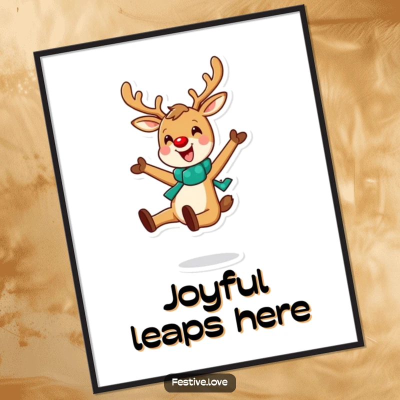 Funny poster art of a cheerful reindeer leaping enthusiastically, embodying pure holiday joy and festive spirit.