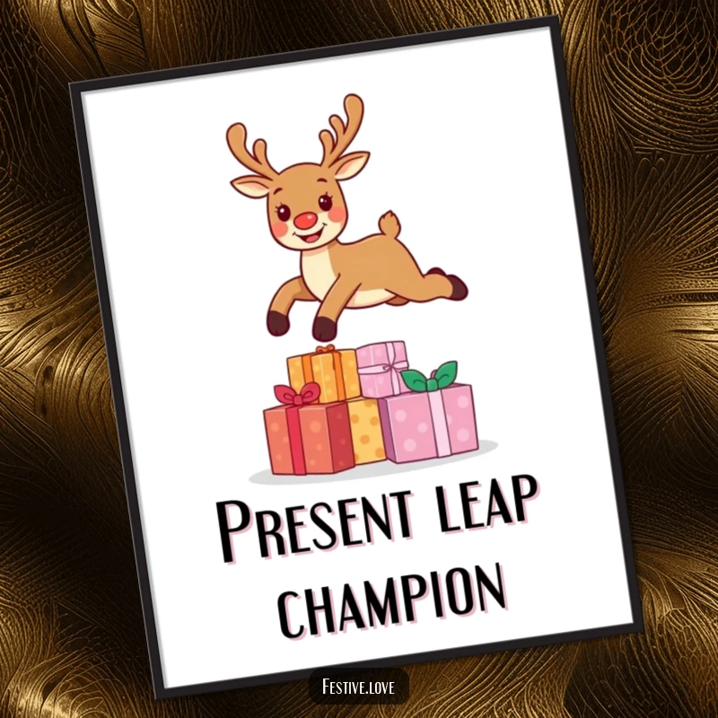 Funny poster showcasing a cheerful reindeer character performing an impressive leap over a festive stack of Christmas presents, full of holiday mirth.