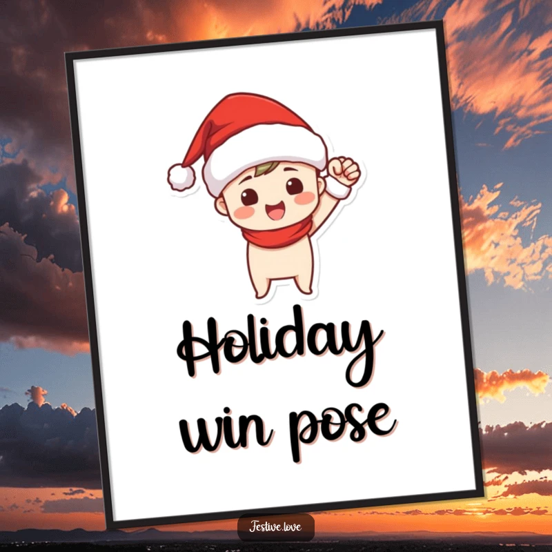 Funny poster of a Santa hat-wearing character celebrating with a powerful, triumphant fist pump, radiating festive victory and joy.