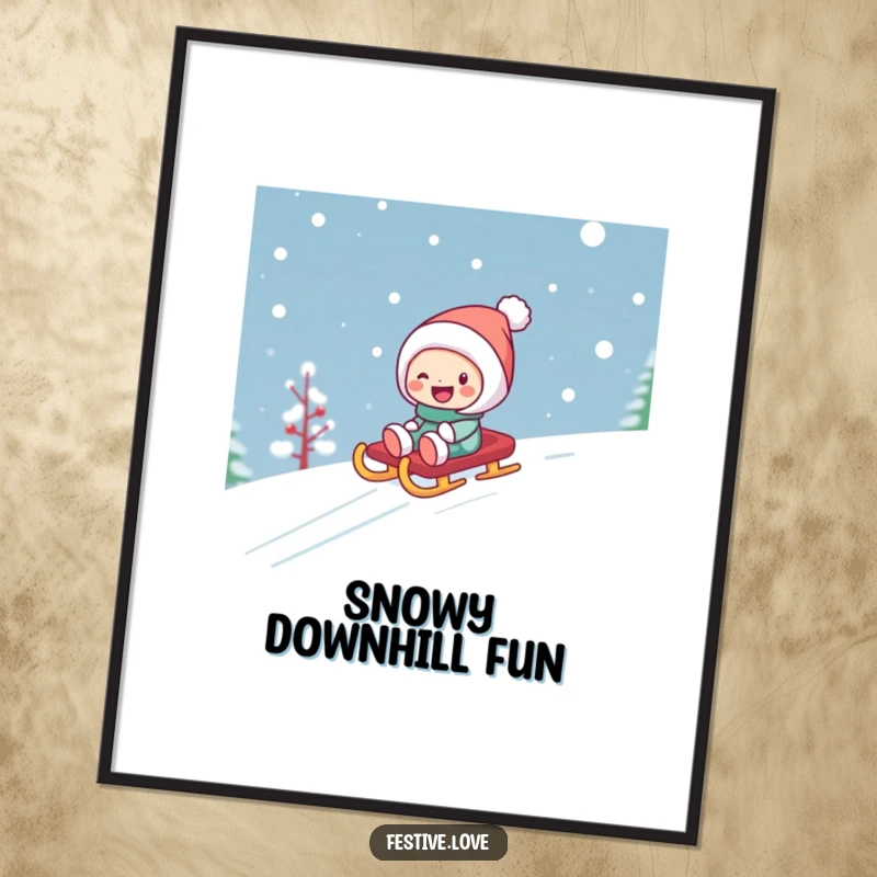 Funny poster artwork of a character gleefully sledding down a snow-covered slope on a festive sled, evoking a sense of winter adventure.