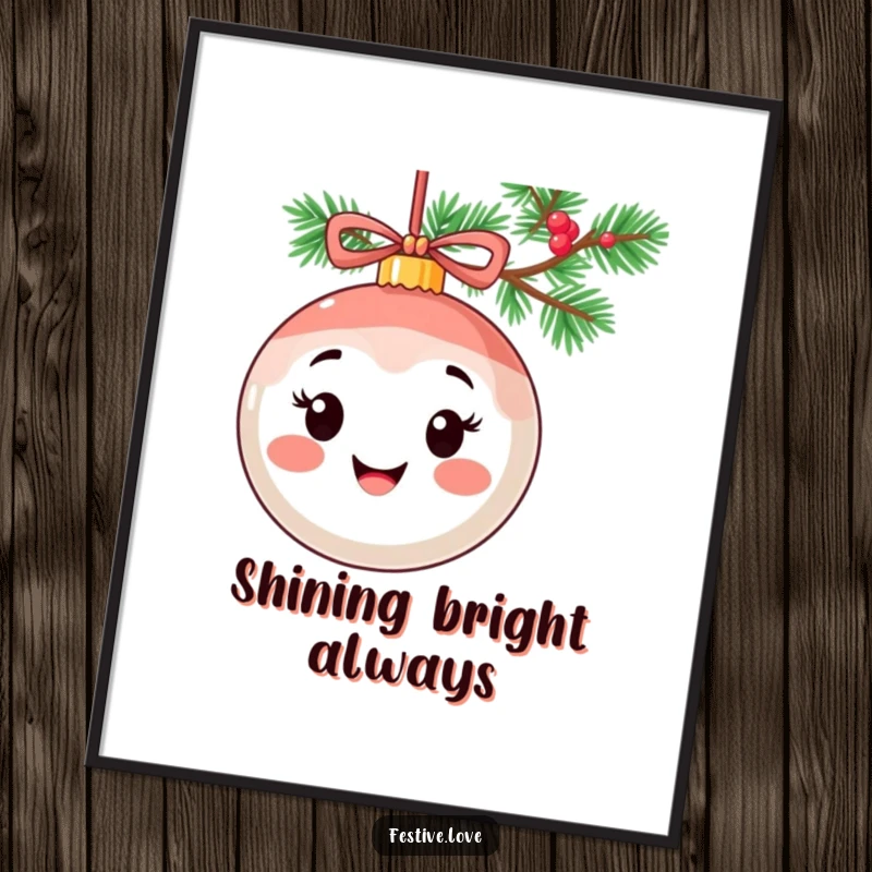 Funny poster featuring a smiling ornament character with a cheerful expression, suspended from a decorative holiday garland.