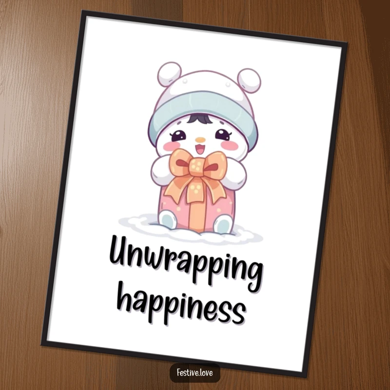 Funny poster of a cute snow character with twig arms outstretched, ecstatically opening a gift box with a big bow.