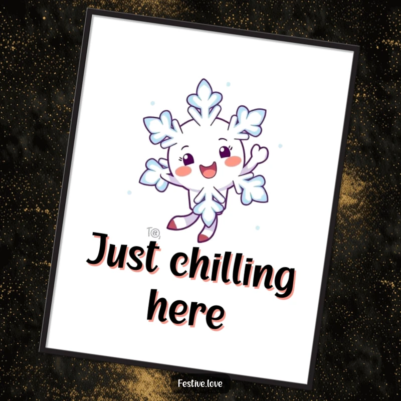 Funny poster art of a happy snowflake character twirling playfully in the air, bringing winter whimsy indoors.