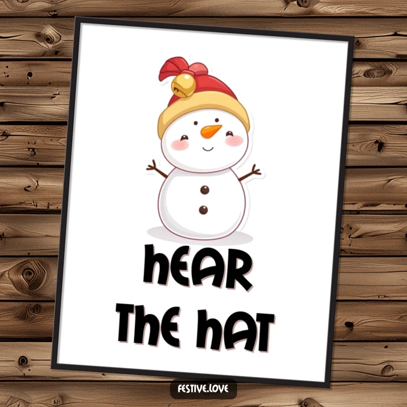 Funny snowman poster with a character in a jingly bell hat, radiating holiday cheer and winter fun.