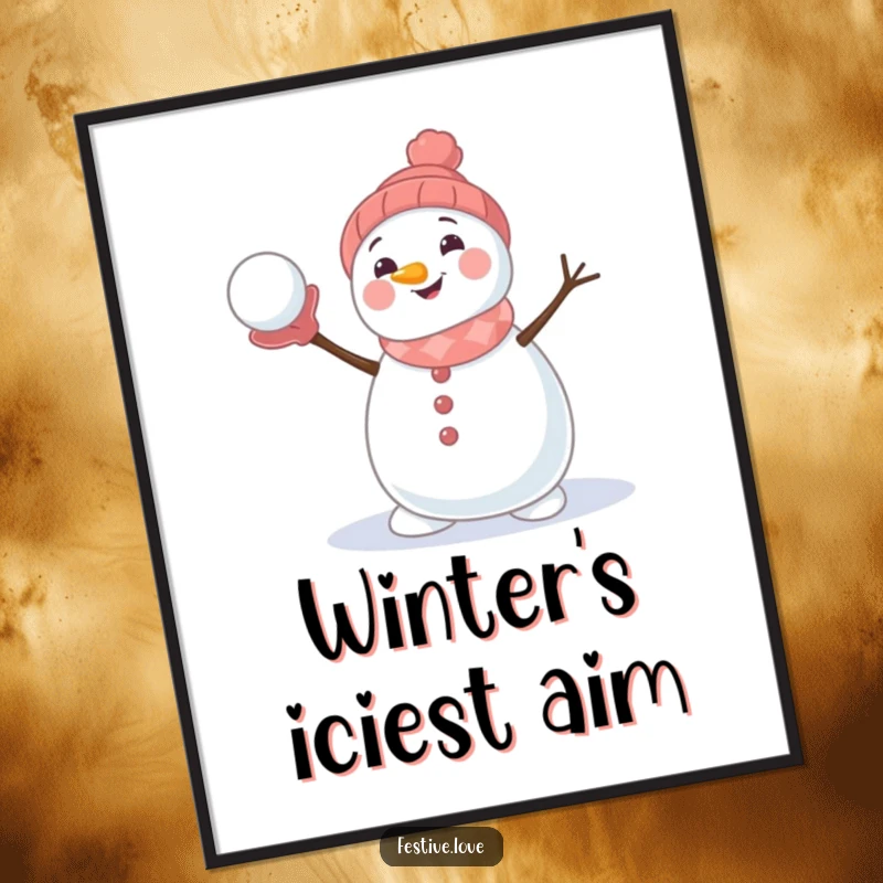 Funny poster print depicting a cute snowman character joyfully throwing a snowball, adding whimsical winter decor and humor.
