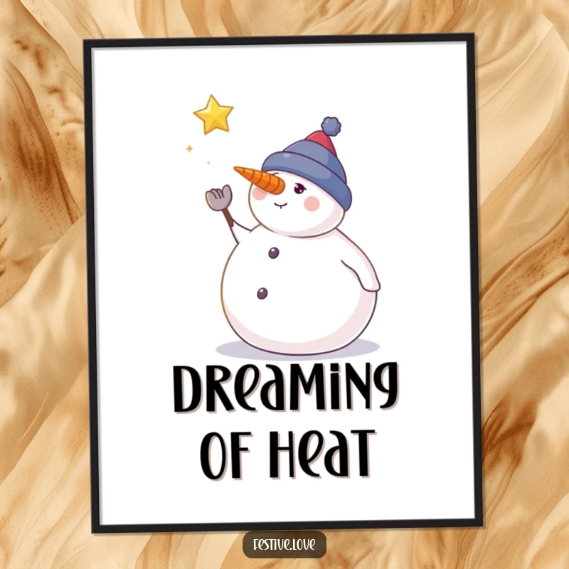 Funny snowman poster showing a snowman gazing at a falling star, evoking winter magic and dreams.