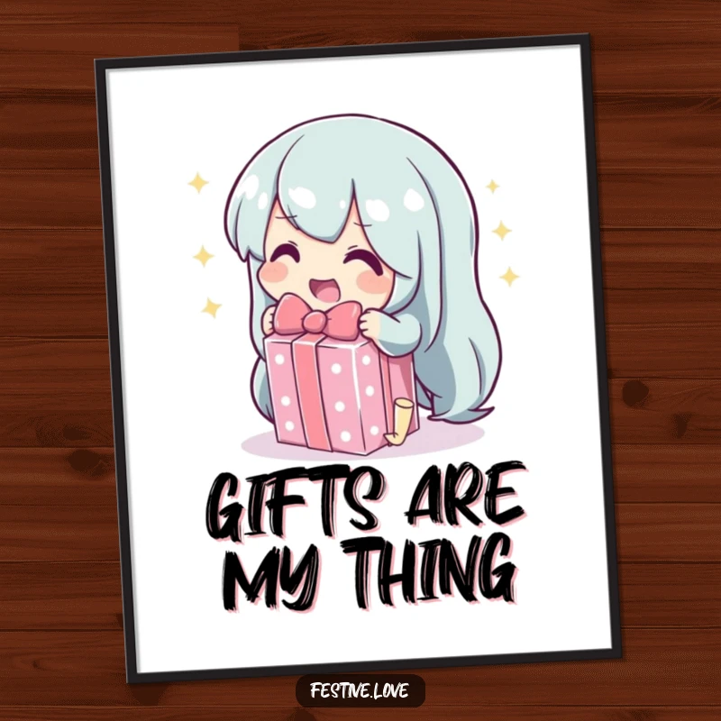 Funny poster featuring a character gleefully unwrapping a sparkling gift, symbolizing joy and anticipation, for decor.