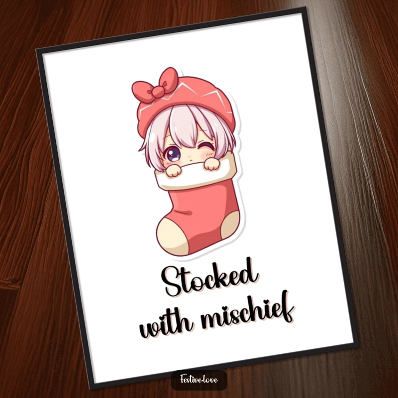 Funny poster art of a character playfully peeking out of a Christmas stocking, capturing the excitement and festive spirit of the holidays.