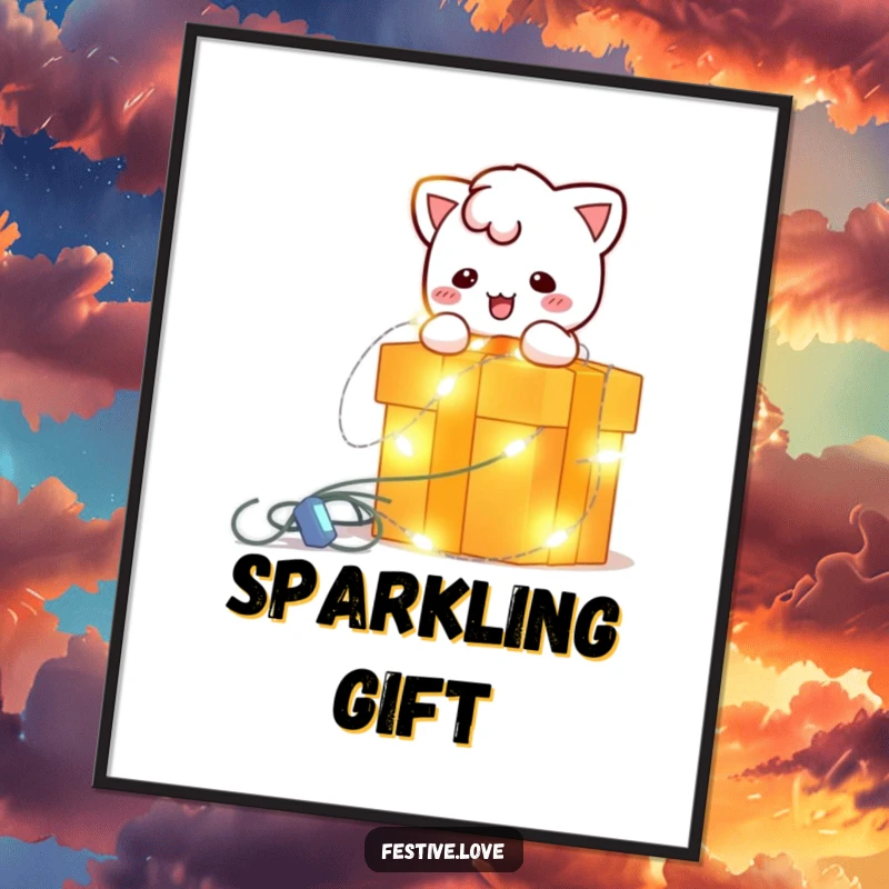 Funny poster of a bright, blinking string light character playfully wrapping a gift box, creating a vividly illuminated holiday scene.