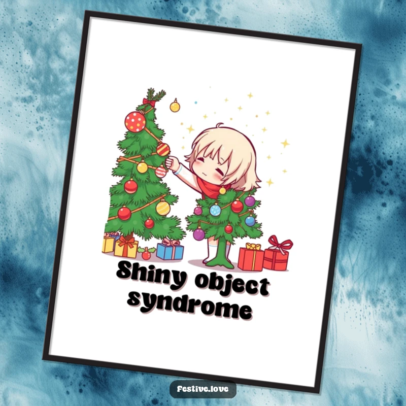 Funny character decorating a Christmas tree, gleefully tossing sparkly ornaments, as a poster, offering humorous holiday wall art.