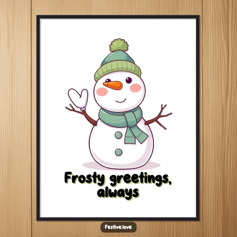Funny winter poster showcasing a jolly snowman character waving with twig arms and a carrot nose, festive wall decor.