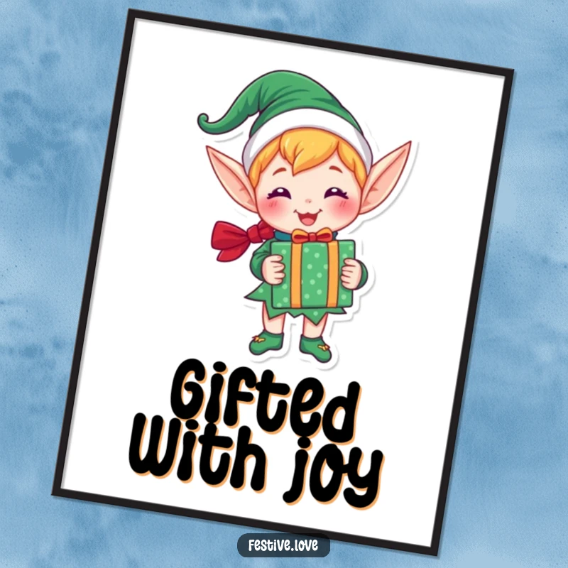 Funny poster featuring a joyful elf character holding a brightly wrapped gift, adding festive charm and humor to any space.