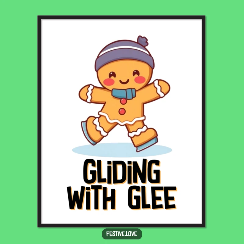 Funny Gingerbread Man Ice Skating Poster: Hilarious Wobble Art for Festive Wall Decor Gift!