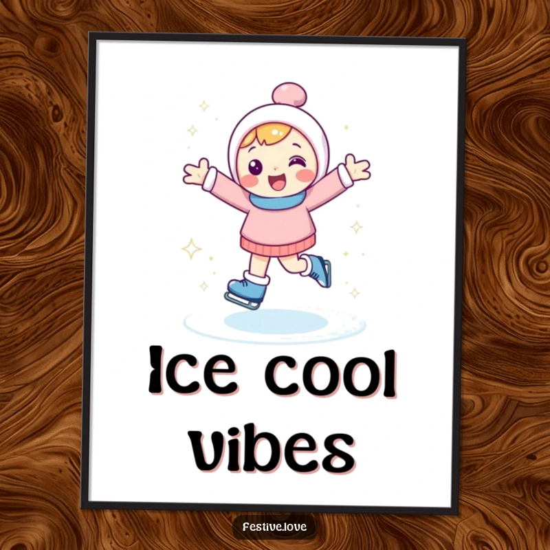 Funny poster featuring a happy character ice skating with arms outstretched, kicking up sparkly ice, ideal for winter decor.