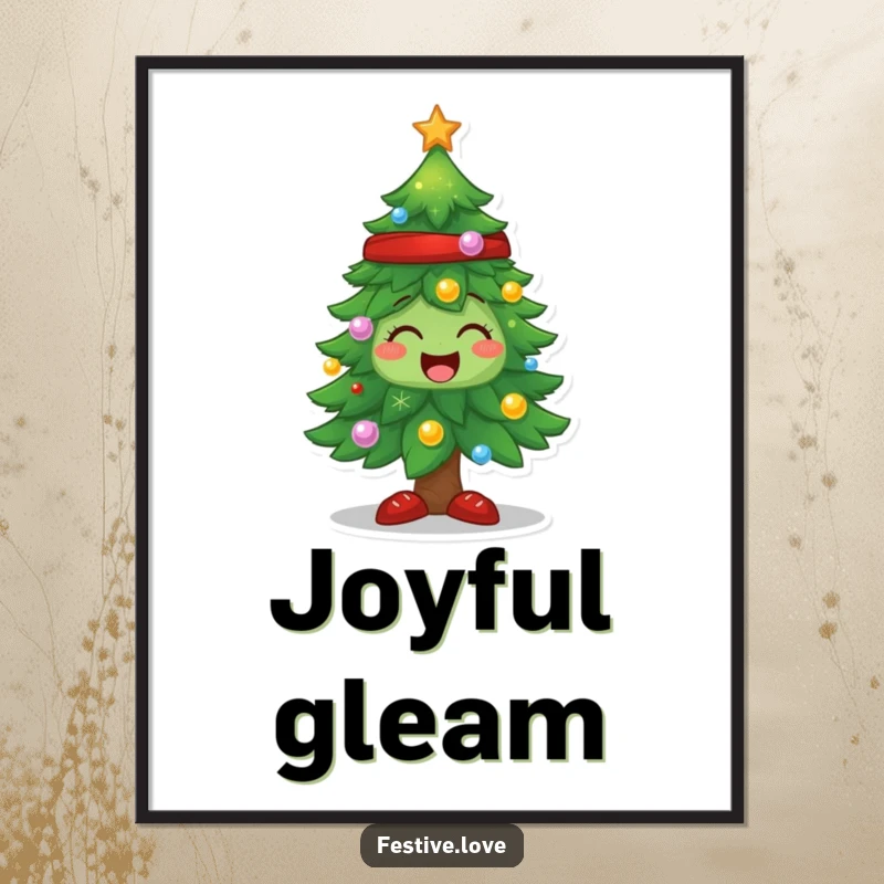 Funny Christmas tree poster, a character sparkling with lights and ornaments, radiating holiday joy.