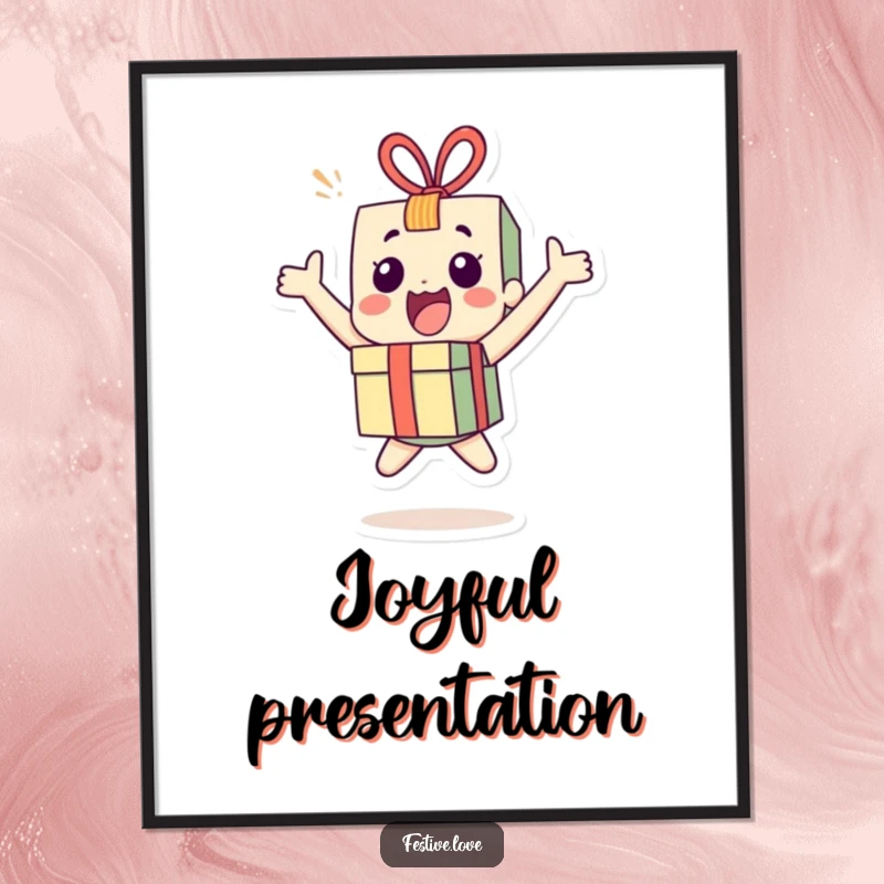 Funny little present character poster bouncing with pure joy, bringing vibrant energy and a celebratory mood to any wall. Art of excitement.