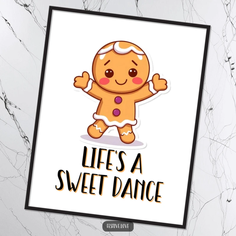 Funny holiday poster showcasing a smiling gingerbread man character dancing with frosting accents, festive wall art.