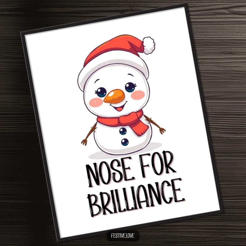 Funny poster print of a happy snowman character with a prominent, brightly glowing carrot nose and twig accessories.
