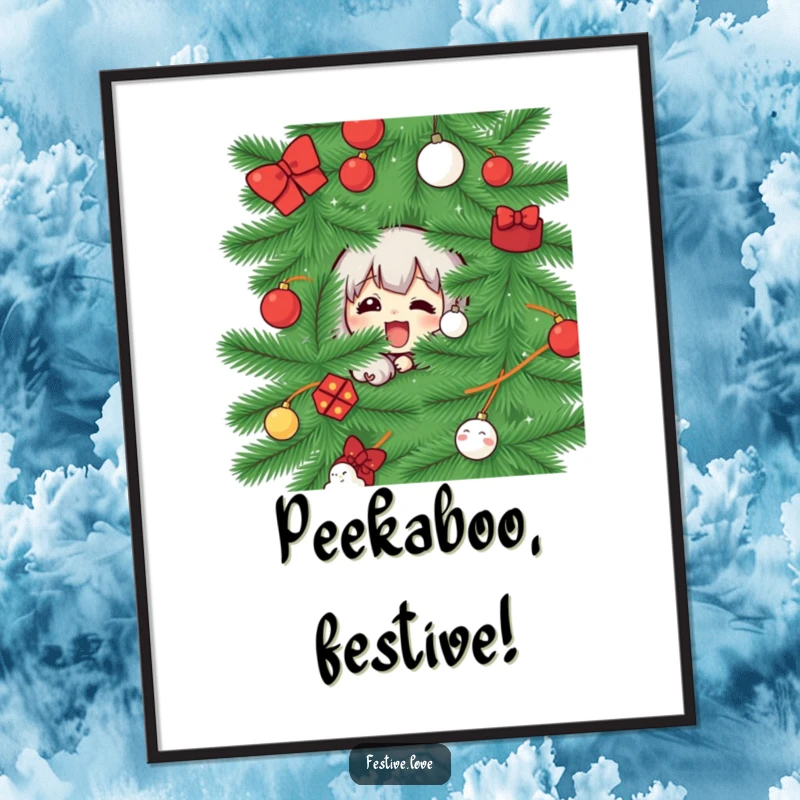 Funny poster featuring a character peeking from behind a Christmas tree, symbolizing playful anticipation and holiday fun, for decor.