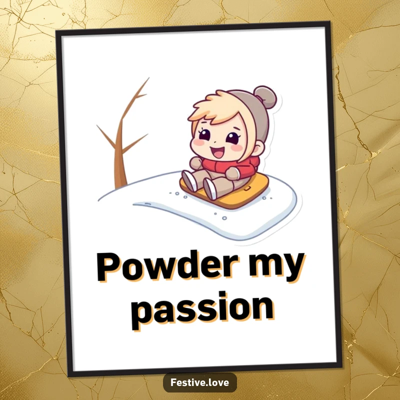 Funny poster art of a character gleefully sledding down a steep snowy hill, evoking the joy and excitement of winter sports.