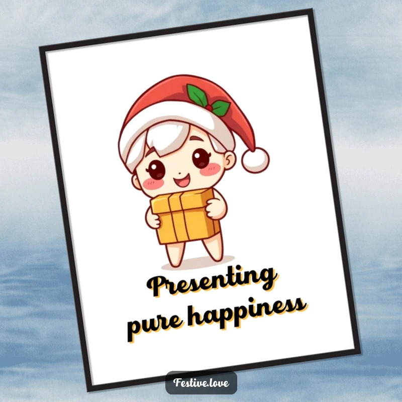 Funny holiday poster showcasing a cute Santa character with a big smile, delivering a gift box, perfect festive wall art.