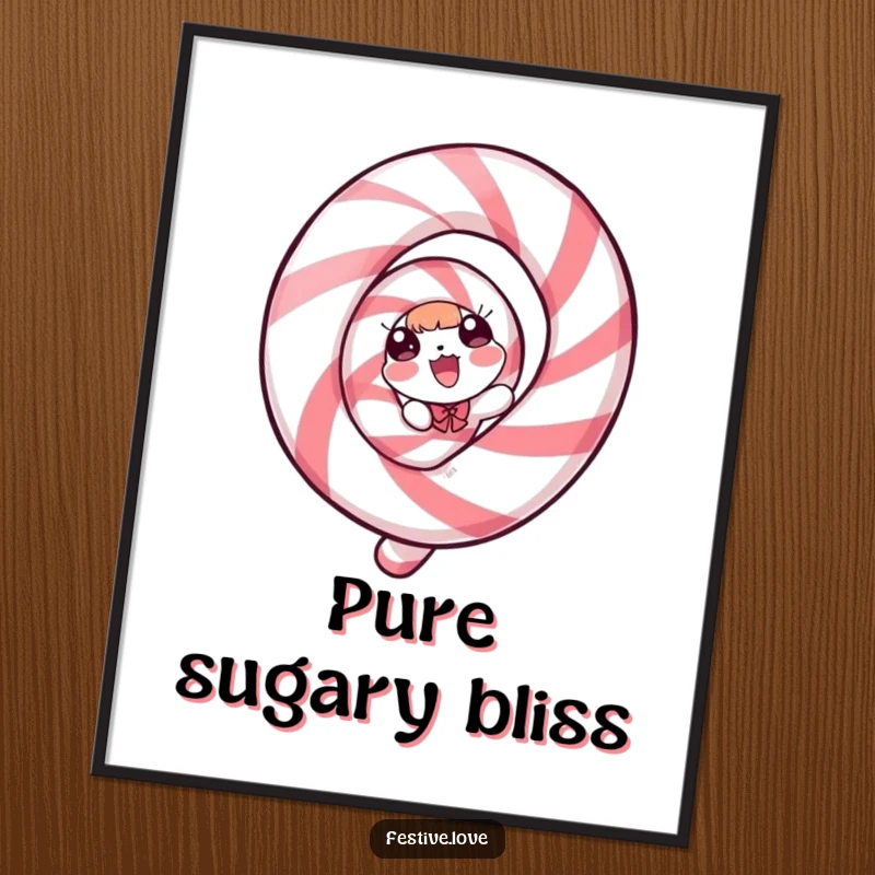 Funny Poster: A candy cane character joyfully spiraling in a festive display of pure delight.