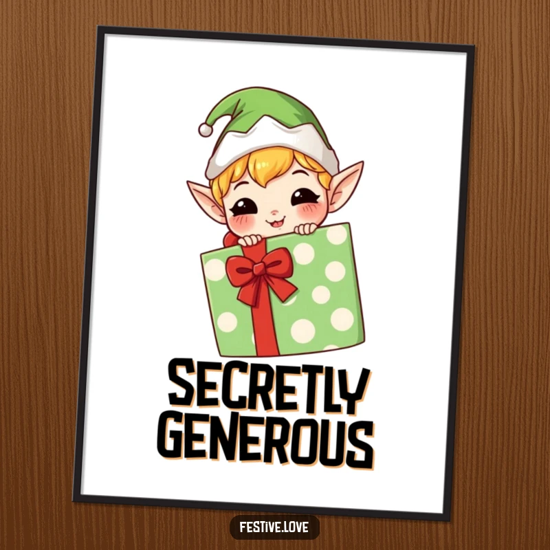 Funny kawaii elf poster, mischievous grin, hiding behind a gift, whimsical wall art for playful spaces.